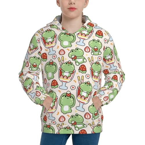 Cute Frog with Ice Cream Kids Pullover Hoodies Boys Sweatshirts Girls Athletic Clothes with Pocket