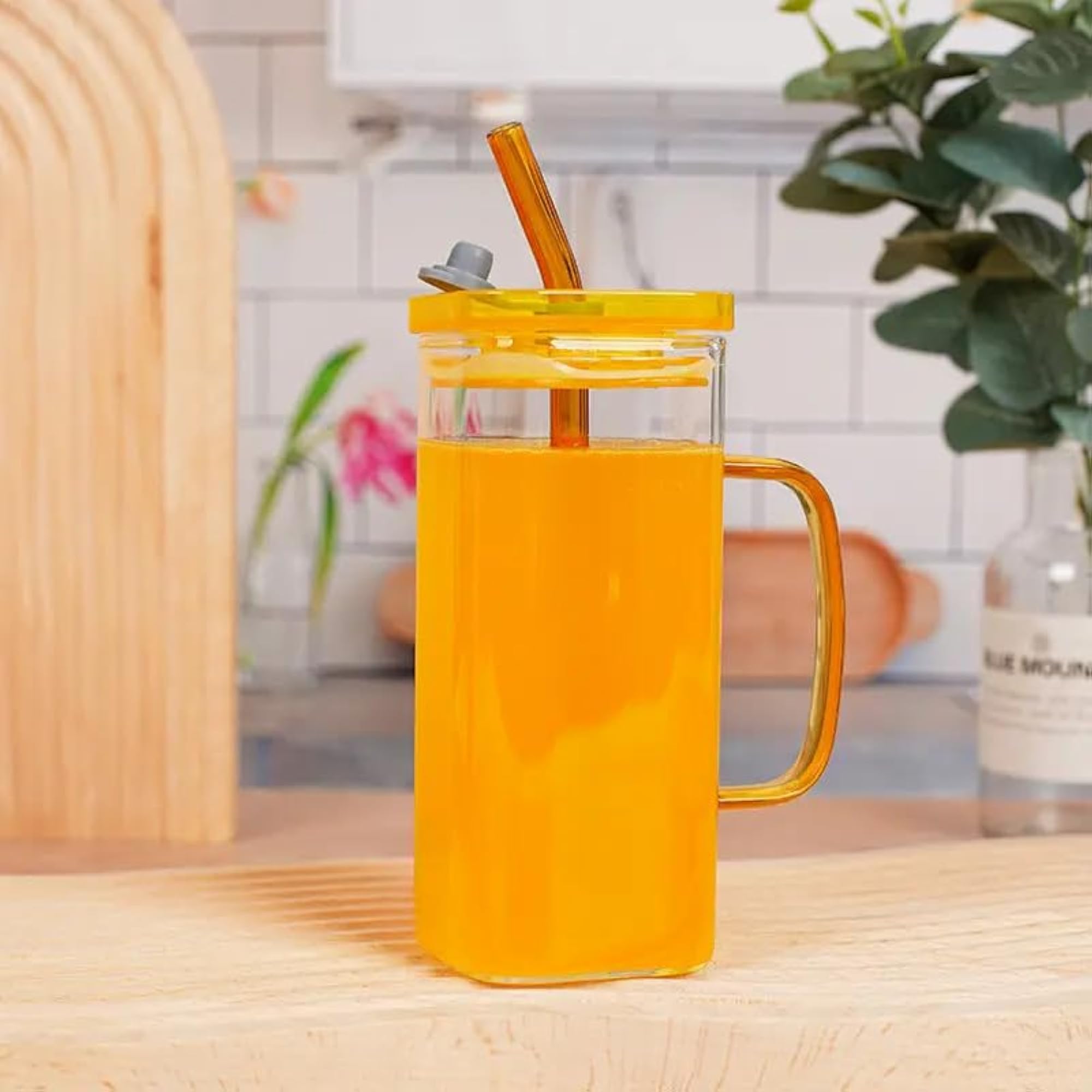 Square Shape Sipper Glass Set with Colorful Lid and Straw