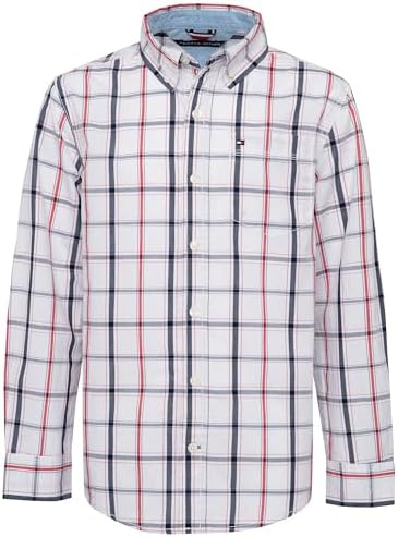 Tommy Hilfiger Boys Long Sleeve Woven Shirt, 100% Cotton, Collared Button-Down with Embroidered Logo, Parfait Pink