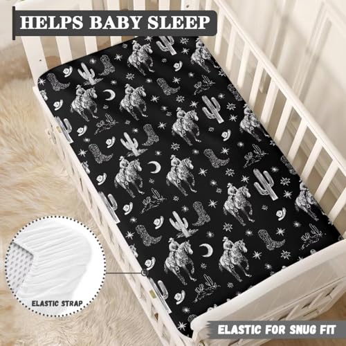 Image of Western Cowboy Fitted Crib Sheet for Baby Horse Boys Bed Sheet Set Black Moon Toddler Mattress Sheets for Standard Crib 28 inch x 52 inch Nursery Bedding Sets