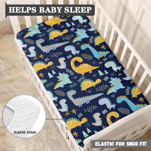 Image of Cute Dinosaurs Baby Crib Sheets for Boys Girls Navy Blue Fitted Crib Sheet for Standard Crib and Toddler Mattress Colorful Baby Mattress Sheets Toddler Bed Sheet 52x28x8 in