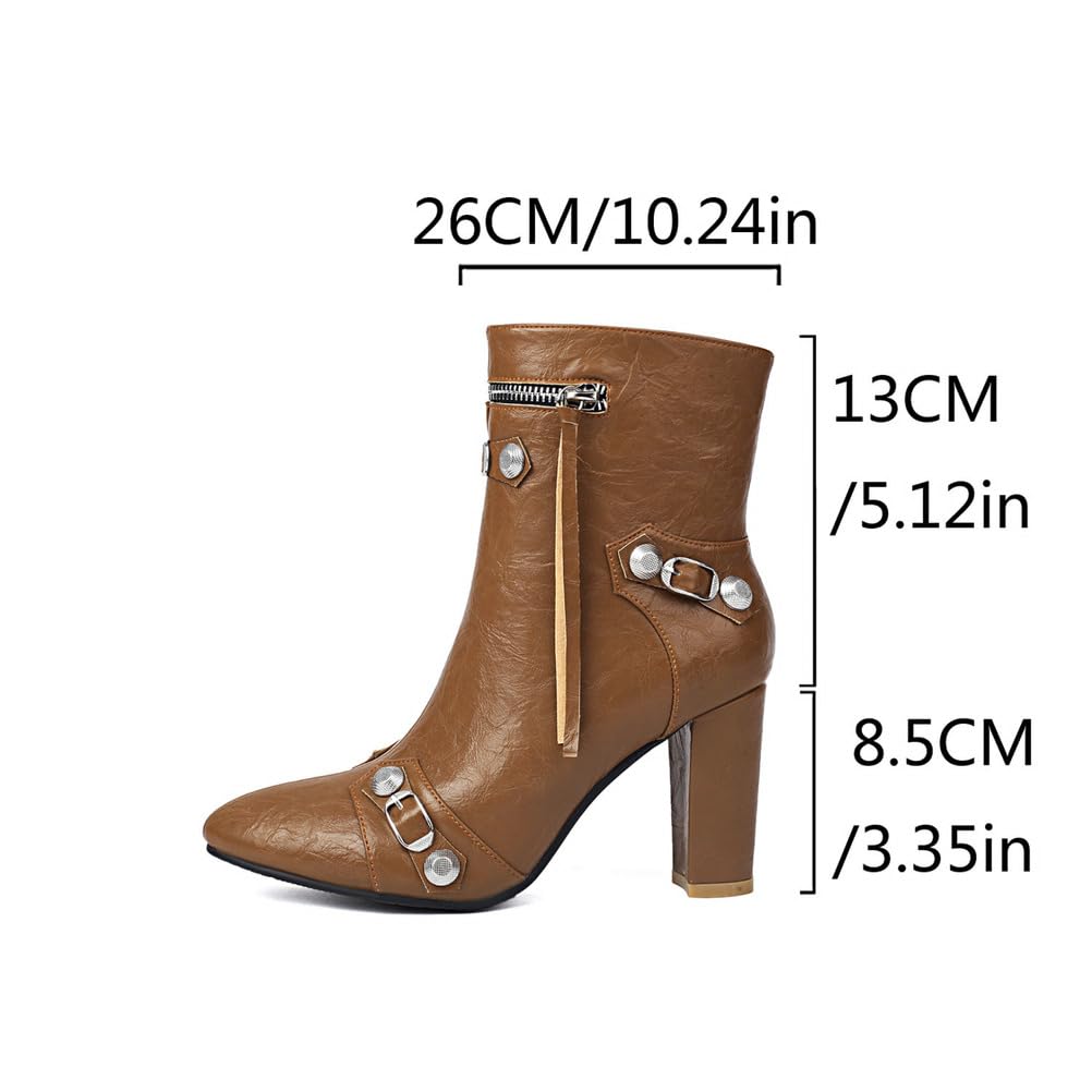 Donna Sexy Punta Appuntita Stivali alla Caviglia con Cerniera PU Cuoio Stivaletti con Rivetti Tacco Grosso Alto Chunky Stivali Punk
