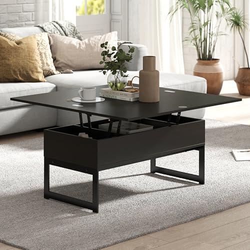 Table Basse Relevable, Tables Basse Extensible Multifonctionnelle 4 en 1 pour Salon, avec 3 Cases de Rangement Cachées, Table Basse Convertible Manger (Pied métallique, Noir brunâtre)