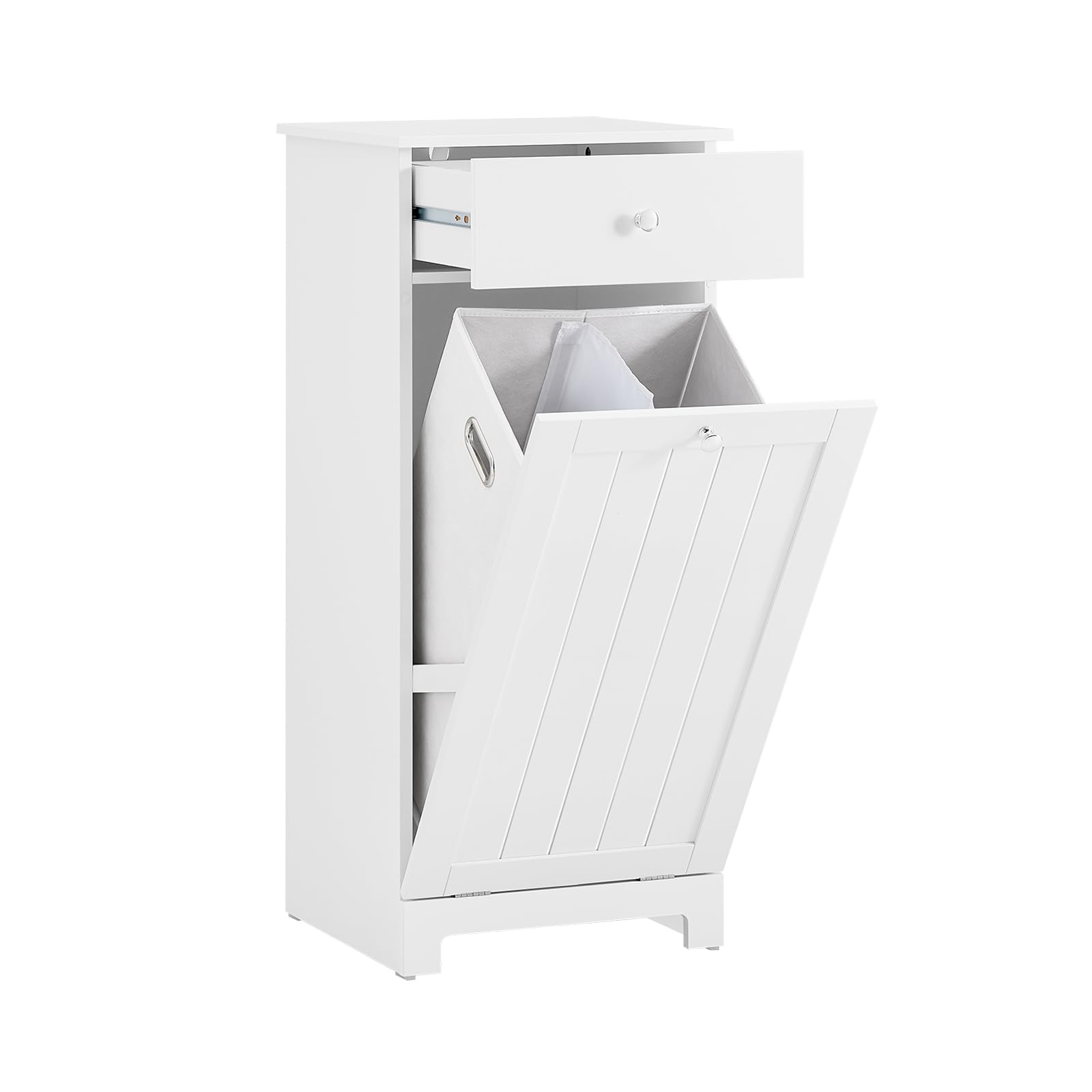 SoBuy Mueble Baño Auxiliar Estrecho con Cesta para Ropa - Armario Compacto con Cajón y Bolsa Extraíble para Lavado - Mueble Ropa Sucia Pequeños en MDF, Blanco, 40×90×38 cm, BZR21-W