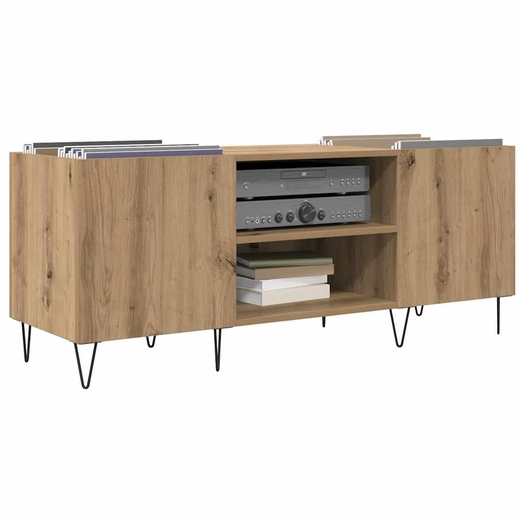 Armadietto per dischi in rovere Artisan con mensola in legno e ferro, 121 x 38 x 48 cm, con 2 ante, ampio spazio per vinile, CD, DVD, fono