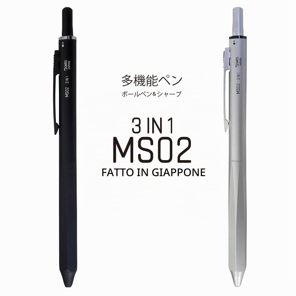 OHTO MS02 - Penna multifunzione 3 in 1, dotata di punta ad ago da 0,7 mm, inchiostro nero e rosso a base di olio, matita meccanica da 0,5 mm, corpo interamente in metallo nero, MS02-MF3-BK