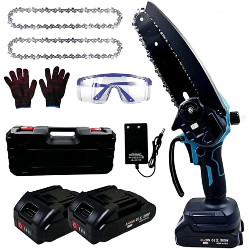 Voltix Mini Motosega a Batteria 6 Pollici con 2 Batterie, Motosega Elettrica per Potatura con Pompetta Olio e Catena di Ricambio, Sega a Catena per Taglio del Legno e Lavori in Giardino