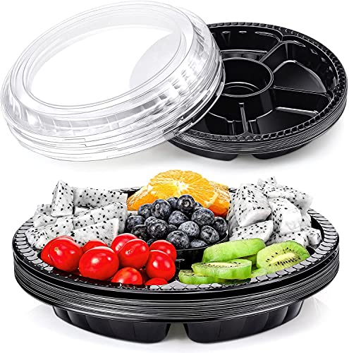 20 bandejas de plástico para aperitivos con tapa, compartimento para bufé, bandeja de servicio para frutas, verduras, aperitivos, color negro, contenedor de 6 rejillas