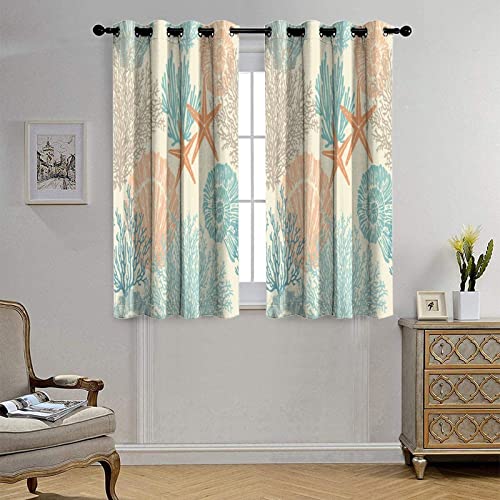Sea Animals Window Drapes Grommet Drapes Nautical Beach Sea Shells Satrfish Themed,Grommet Blackout Curtain For Living Room, Bedroom 21X45In,2 Panel Set #TOP3