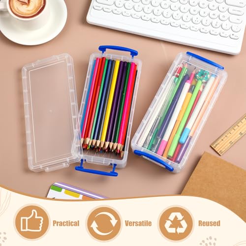 Image of Gueevin 12 Pcs Large Capacity Plastic Pencil Box Clear Plastic Pencil Case Crayon Box with Snap Tight Lid Watercolor Pen Storage Brush Organizer Drawing Tools Container (Blue)
