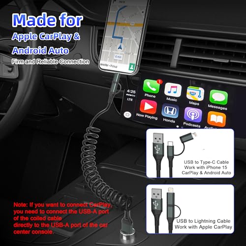 Image of USB to USB C and Lightning Cable for Apple Carplay & Android Auto - USB C and Lightning Cable 2 in 1 Carplay Cable [MFi,3A,Data Sync] USB A to C & Lightning for iPhone17 16 15 14 13 12 11 Android,Grey