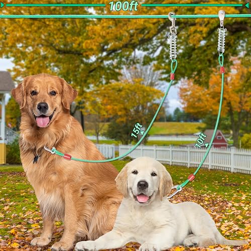 100FT Dog Tie Out Cable, Heavy Duty Chew Proof Long Dog Lead Leash with 10FT & 15FT Trolley Leash - Outdoor Runner Cable for Yard, Camping Outside - Fits Small, Medium & Large Dogs - Image 3