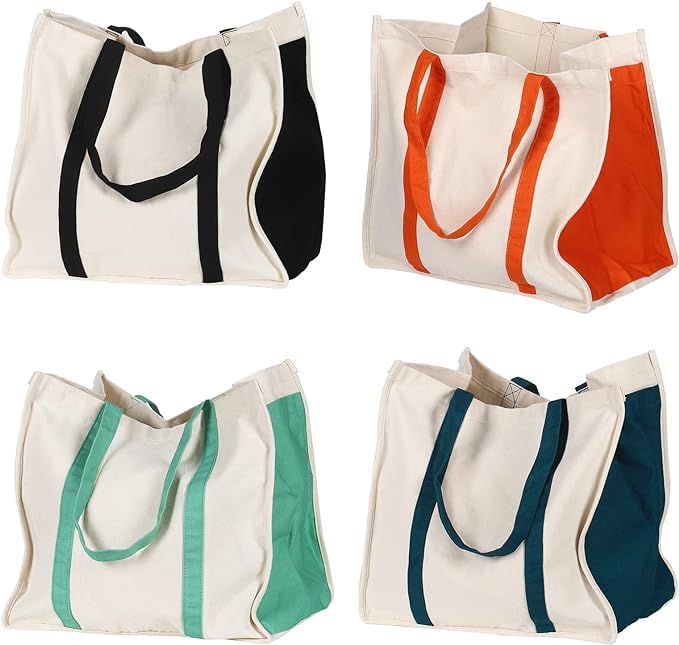 Cotanza Heavy Duty Reusable Cotton Canvas Grocery Tote Bags with Side Pockets, Large Utility Bag for Shopping, Beach, Picnic (Pack of 4) (B0CNTN9N4W) Amazon Price History, Amazon Price Tracker