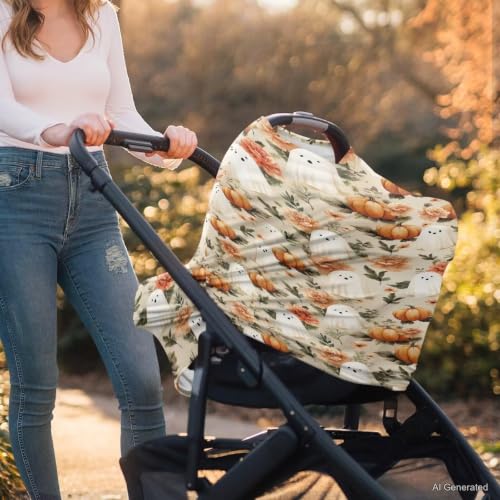Image of Wanyint Stretchy Baby Car Seat Cover Carseat Canopy for Babies Universal Baby Breastfeeding Stroller High Chair Shopping Cart Cover Halloween Decor, Cute Ghost Pumpkin Floral
