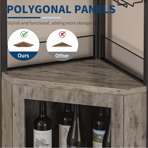 GarveeHome Corner Bar Wine Cabinet with LED Lights, 5-Tier Industrial Wine Cabinet with Glass Holder, Modern Liquor Cabinet with Adjustable Shelf, Home Bar Cabinet with Mesh Door, Grey by GarveeHome - Image 7