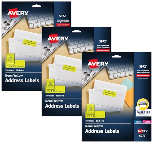 Image of Avery Printable Address Labels, Sure Feed Technology, Neon Yellow, Laser & Inkjet Compatible, 750 Blank Labels Total, Great for Branding, Mailing, Organizing (5972), 1 in. x 2-5 /8 in. (Pack of 3)