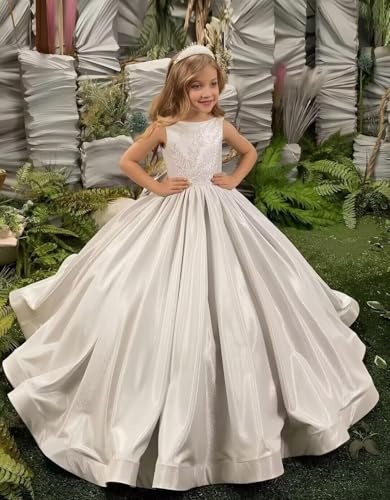 Satin Flower Girl Dresses for Wedding Lace Applique First Communion Dress Princess Pageant Ball Gown WT082