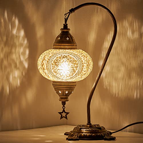 DEMMEX (33 Colors) Turkish Moroccan Mosaic Table Lamp, Swan Neck Handmade Desk Bedside Table Night Lamp Decorative Tiffany Lamp Light, Antique Brass Body (Gold)