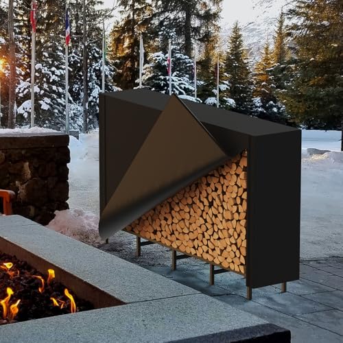 Outdoor Indoor Firewood Storage Holder with Cover, Heavy Duty Metal Log Stacker Rack with Weather Resistant 600D Oxford Fabric Cover, Wood Pile Storage Carrier Organizer Stand for Fireplace, Black
