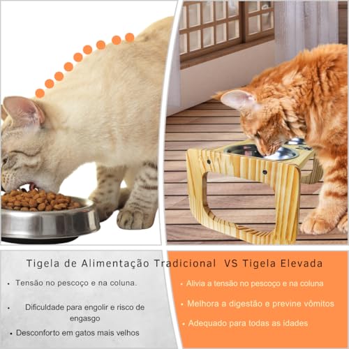 Comedouro para Gatos Elevado Inox de Madeira Pinus - Ergonômico, Tigela Removível, Ideal para Gatos