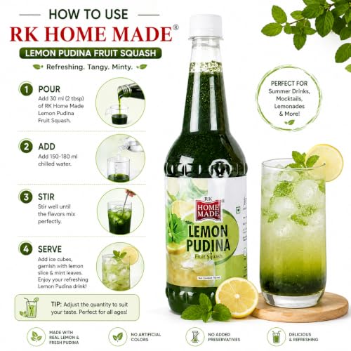 Image of RK Home Made Lemon Pudina Syrup 750ml | Premium Lemon Mint Squash | Gluten Free, 100% Vegan & Low Fat Lemon Pudina Drink Concentrate | Refreshing Fruit Squash for Water, Soda, Mocktails, Cocktails, Shakes & Summer Beverages | Beverage Mix