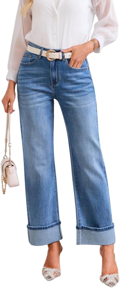 Cuffed Jeans for Women High Waisted Straight Leg Stretchy Jeans Casual Trendy Comfy Denim Pants