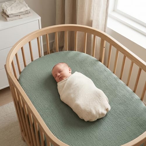 Image of 100% Muslin Cotton Baby Bassinet Sheets for Baby Boy Girls,4-Pack Fitted Bassinet Sheets Set Compatible with Halo Bassinest Swivel Sleeper,Baby Delight,Angelbliss,32 inchX16 inch (Leaf Series)