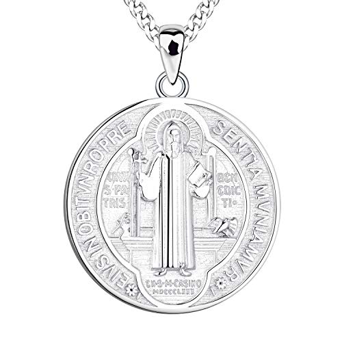 Fj Saint Benedict Necklace 925 Sterling Silver, Nr Cross Protection Pendant,Round Coin Antiqued Religious Protector Talisman Pendant #TOP1