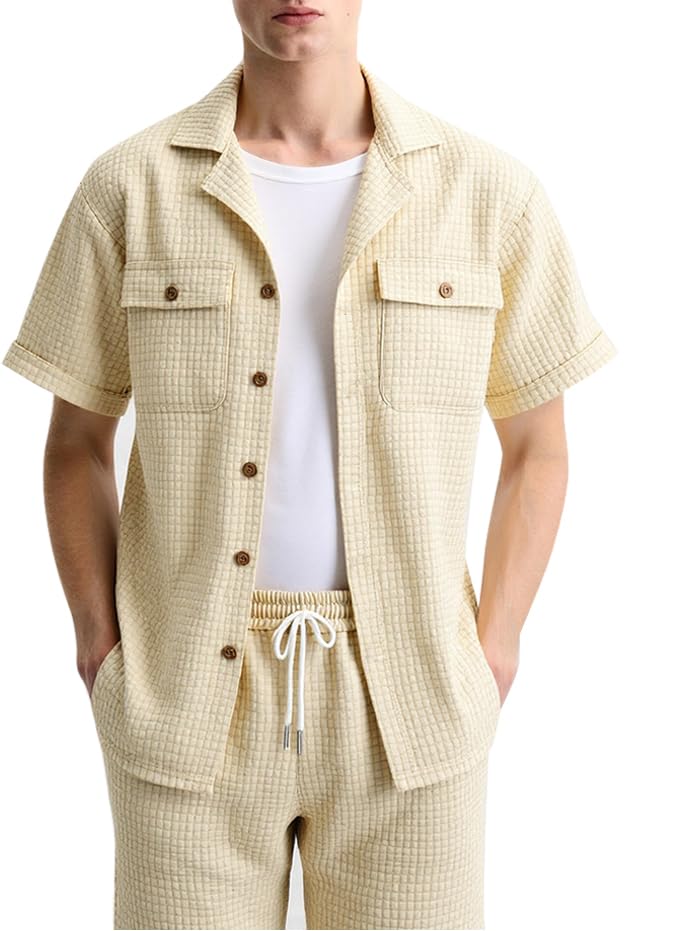 Image of Men's Casual Dual Pockets Design Camp Collar Short Sleeves Shirt Or Drawstring Shorts -Co-ord Available(Shirt Light Coffee /L)