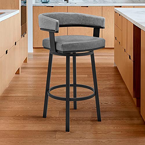 Armen Living Lorin Modern Butaco Giratorio con Asiento de Cuero Sintético Gris y Estructura de Acero Inoxidable Negro para Isla de Cocina miniatura 2