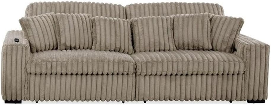 Pemberly Row 113" W Corduroy Fabric Cloud Convertible Sectional Deep Seat Sofa Slider with Power Recliner Glider, USB Charging Ports, and 6 Cushions in Presley Latte for Living Room