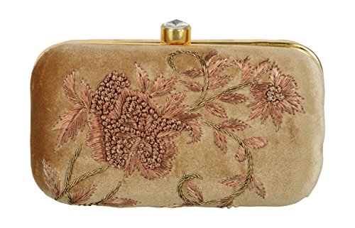 Image of TOOBA Handicraft Women's Embroidered Clutch Purse | Designer Handbag with Golden Floral & Pearl Work | Wedding, Cocktail, Party & Bridal Gift Bag for Women & Girls