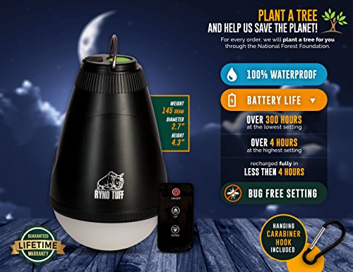 Ryno Tuff Waterproof Rechargeable Outdoor LED Camping Lanterns with Remote Control & Mosquito Bug Repellent Yellow Light Options - Portable Bright 150 Lumens Backpacking & Hiking Tent Camping Lamp - Thumbnail 6