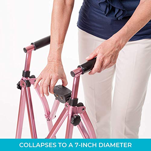 Stander EZ Fold-N-Go Walker, Lightweight Folding Mobility Rolling Walker for Seniors and Adults, 6-inch Wheels, Ski Glides, and Organizer Pouch, Regal Rose