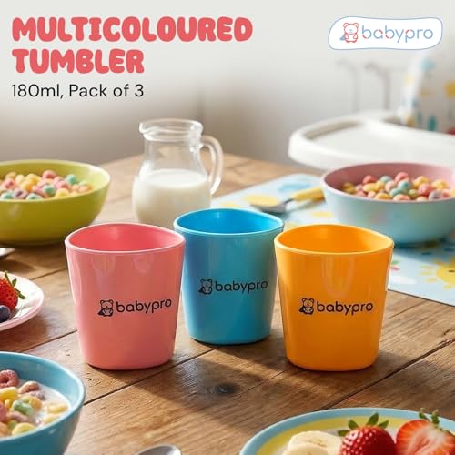 Image of BabyPro Kids Plastic Tumblers, 180 ml, Pack of 3, Multicolour Drinking Cups | Food Grade, BPA Free, Ergonomic Handle, Self-Feeding Cup for Water, Milk