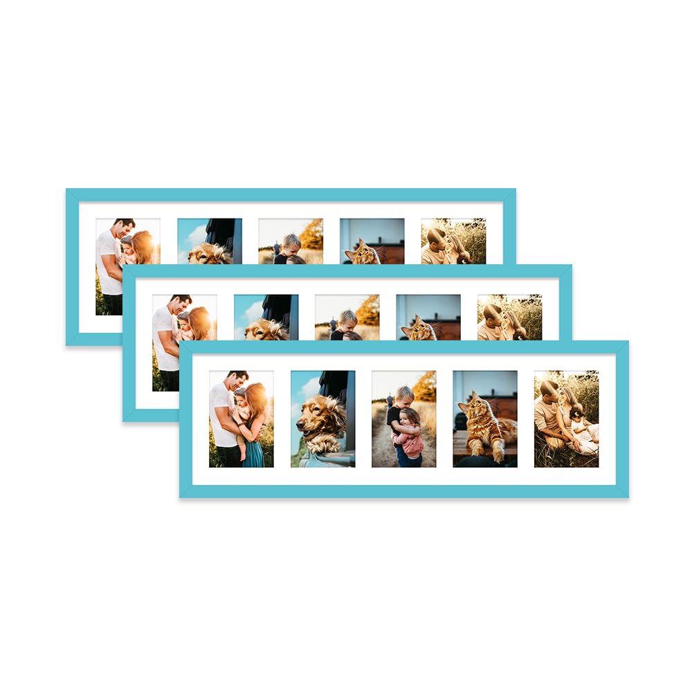 Turquoise Multi Photo Frame - Holds 5 x 6x4 Pictures, Family Collage Picture Frame for Wall Display, 8x26 Panoramic Frame Size, Set of 3