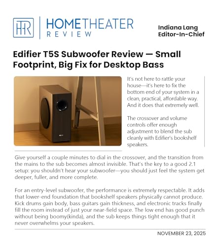 Image of Edifier T5s Powered Active Subwoofer with 70W RMS, 8 inch Long-Throw Woofer, Deep Bass (35Hz) Speaker, Built-in Amp, Low Distortion, Phase Selector & Energy-Efficient for Home & Studio Audio, Black