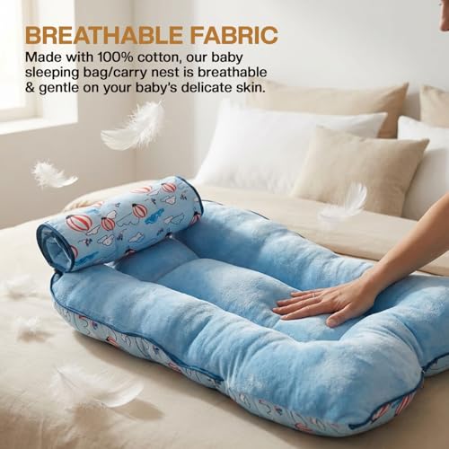 Image of Baybee 3-in-1 Baby Sleeping Bag & Carrying Bed | Velvet Cotton Carry Nest for New Born | Soft & Travel Friendly Sleeping Bag for Babies 0-6 Months (Lite Blue)