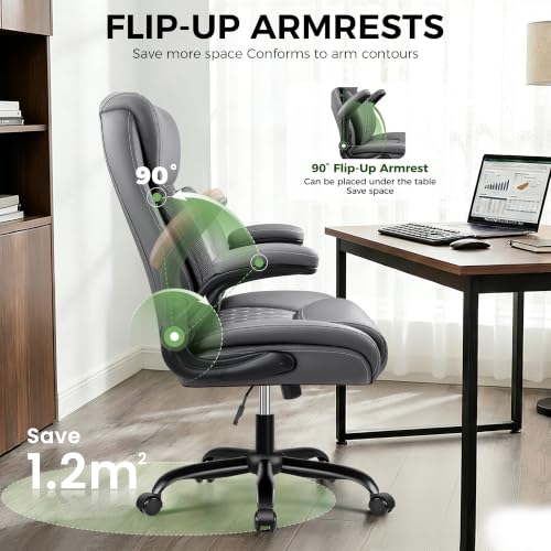 Image of Office Chair, Ergonomic Executive Desk Chair with Lumbar Support for Lower Back Pain Relief, Padded Flip-Up Armrests, Leather Home Office Chair, Gray