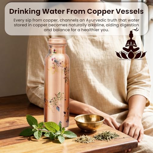 Craft Trade Printed Copper Bottle with Lid and Carry Bag for Drinking Water BPA Free Leak Proof Boosts Immunity, Supports Digestive & Liver Health 34oz - 1 Litre