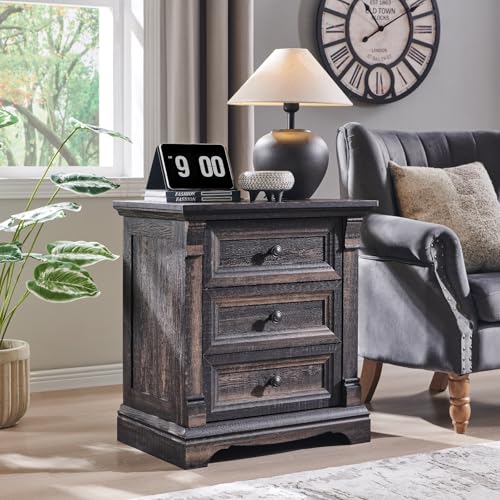 Image of Farmhouse 26 inch Tall Nightstand with Charging Station, 23.6 inchW Wood End Table