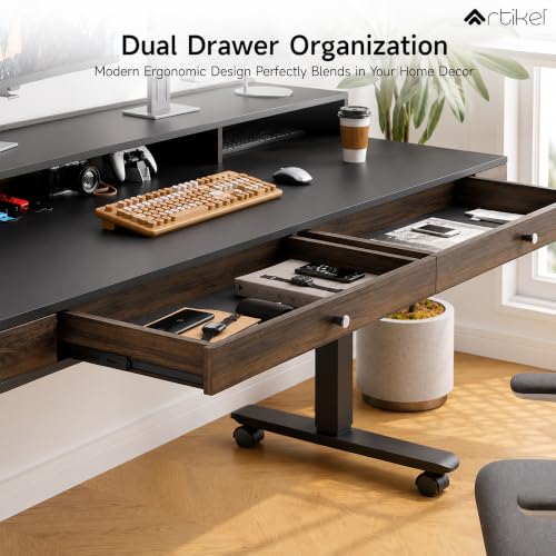 Image of ARTIKEL Valor Pro Electric Height Adjustable Standing Desk with Storage Drawers & Shelves| Sit-Stand Desk for Home Office |Ergonomic Workspace Table (Rustic Brown)