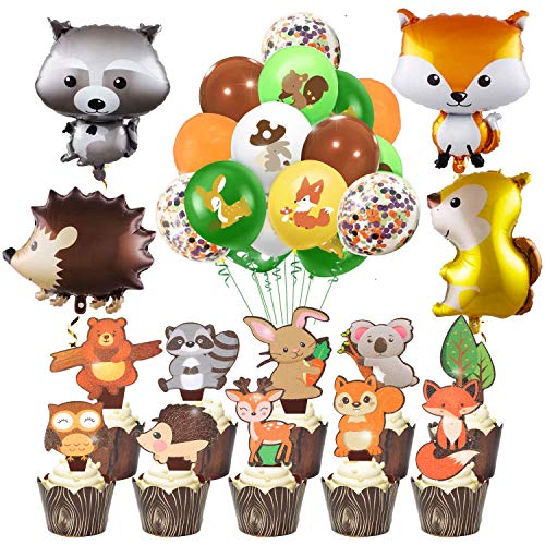 78pcs Woodland Party Decorations Woodland Theme Cupcake Toppers,Wrappers balloons for Forest Animals Theme Decorations,Woodland Theme Baby Shower Birthday Party Supplies