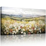 SERIMINO Green Rustic Landscape Wall Art, Mountain Floral Field Large Artwork, Meadow Daisy Scenery Canvas Prints, Nature Wildflower Wall Pictures for Living Room Kitchen Cottage Farmhouse 20X40 Inch