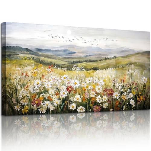 SERIMINO Nature Landscape Wall Art, Mountain Daisy Extra Large Artwork, Wildflower Meadow Rustic Home Decor Art Prints, French Country Aesthetic Paintings Wall Decor Living Room Dining Room 30X60 Inch