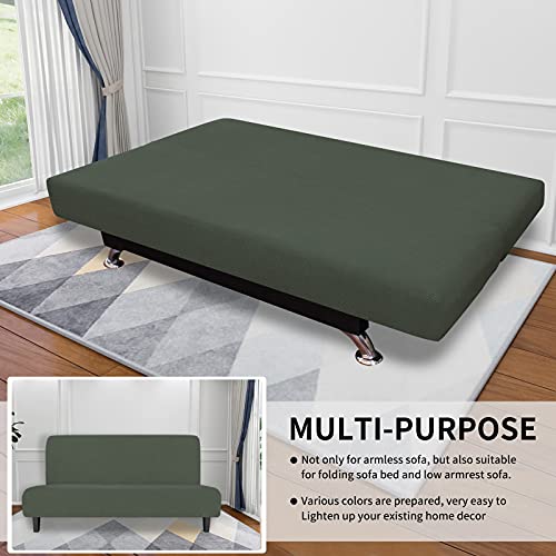 Image of Easy-Going Stretch Large Futon Slipcover Armless Futon Cover Olive Green | Sofa Bed Furniture Protector Without Armrests with Elastic Bottom for Kids, Soft Jacquard Machine Washable