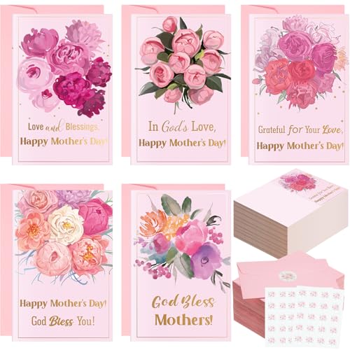 Motiskyy 100 Pcs Religious Mother's Day Cards with Scripture Floral Happy Mothers Day Wishes Greeting Card Bulk Blank Notecard with Envelope and Sticker for Mom Grandmother Women Birthday Gift Supply