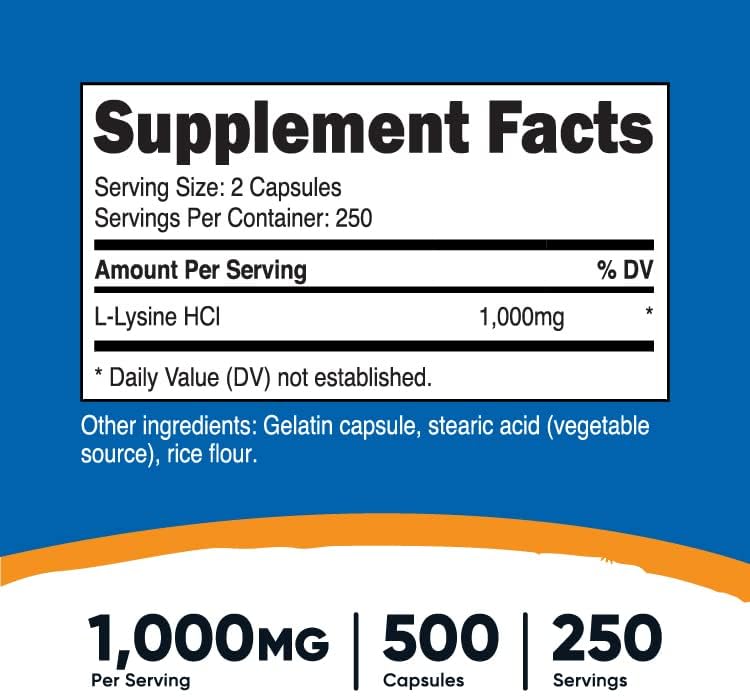 Nutricost L-Lysine 1000mg Per Serving, 250 Servings, 500 Capsules - Gluten Free, Non-GMO, 500mg Per Capsule