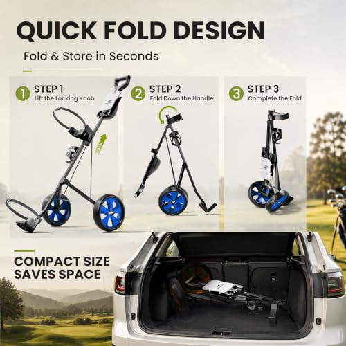Image of 2-Wheel Golf Pull Cart - Lightweight Foldable Golf Push Cart with Durable Steel Frame, Adjustable Web Straps, Compact Design for Walking Golfers