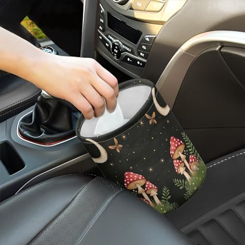 Image of Cute Mushroom Moon Auto Garbage Bag Trash Can Leak Proof Waste Basket Container Bag Bin Hanging Cup Holder Organizer with Strap Mini Car Interior Accessories for Auto, Camping, Travelling
